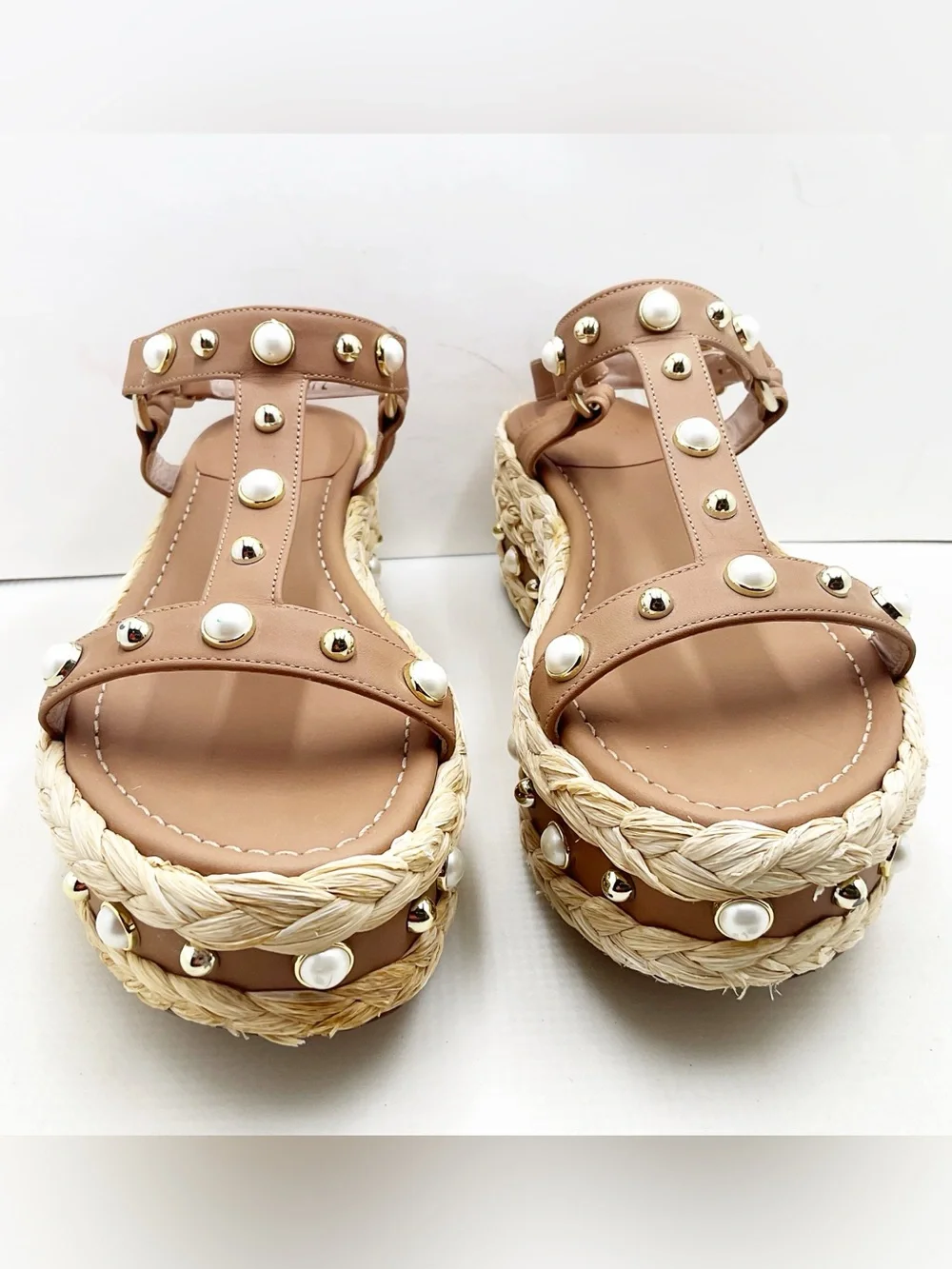 {Stuart Weitzman} Beraffia Pearl Studded Platform Sandals